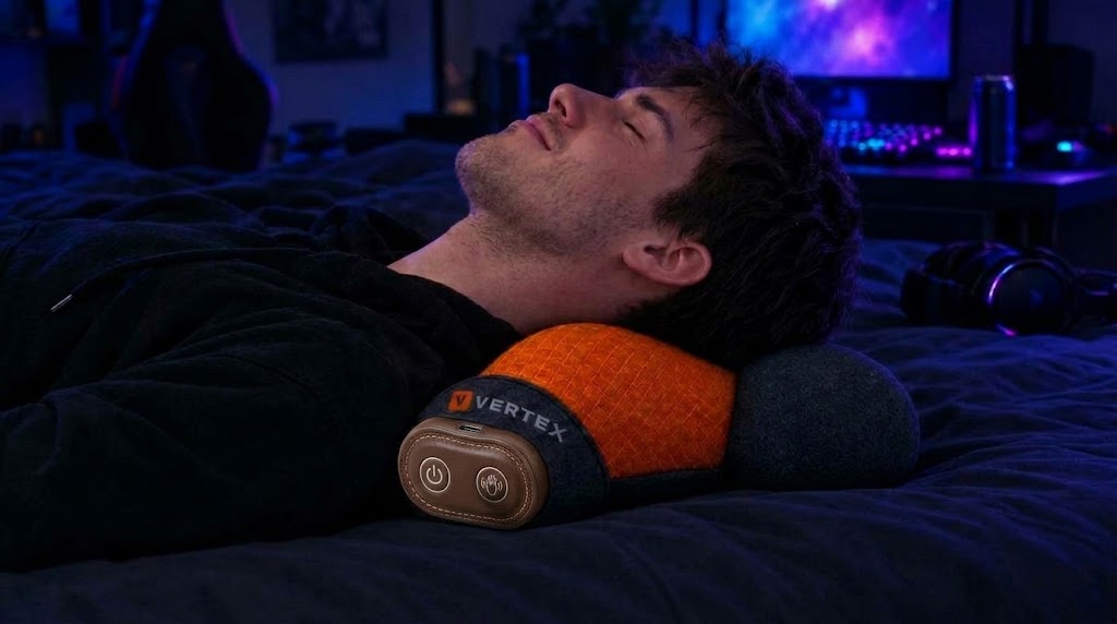Le même gamer allongé sur VERTEX après sa session