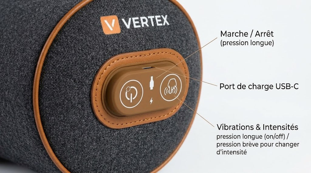 Gros plan sur le panneau de commande latéral du coussin VERTEX.