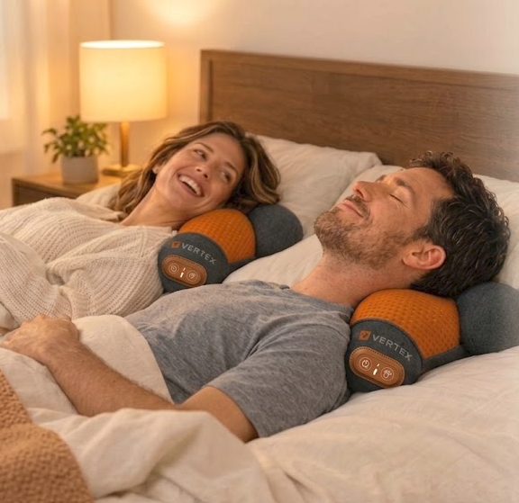 Couple heureux, chacun avec son coussin VERTEX