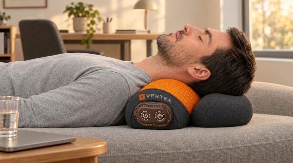 Illustration : homme détendu sur VERTEX après avoir fermé son ordinateur